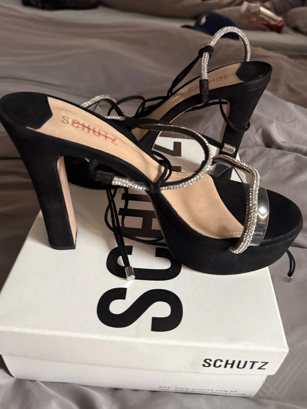 SCHUTZ Black Suede Brilliant platform sandals with Crystal and Clear Strap